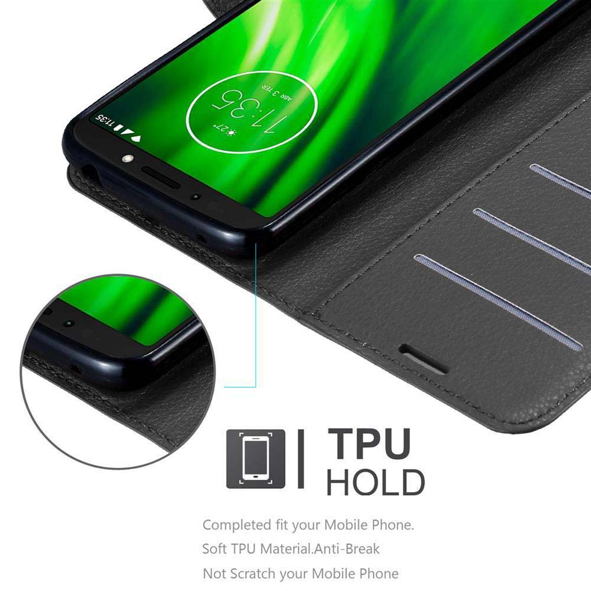 Custodia per telefono nera, aperta. Un telefono con schermo verde è all'interno. Testo: TPU HOLD.