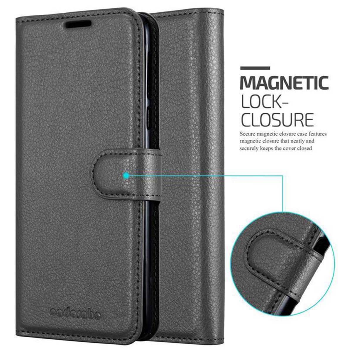 Custodia per telefono nera chiusa con chiusura magnetica. Il retro è visibile.