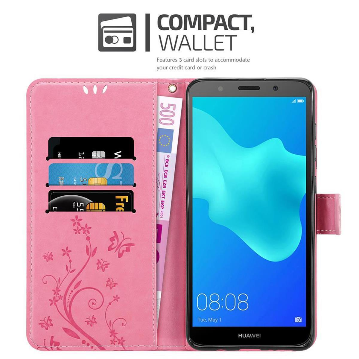 Custodia a portafoglio rosa con fessure per carte e denaro. Schermo del telefono visibile.