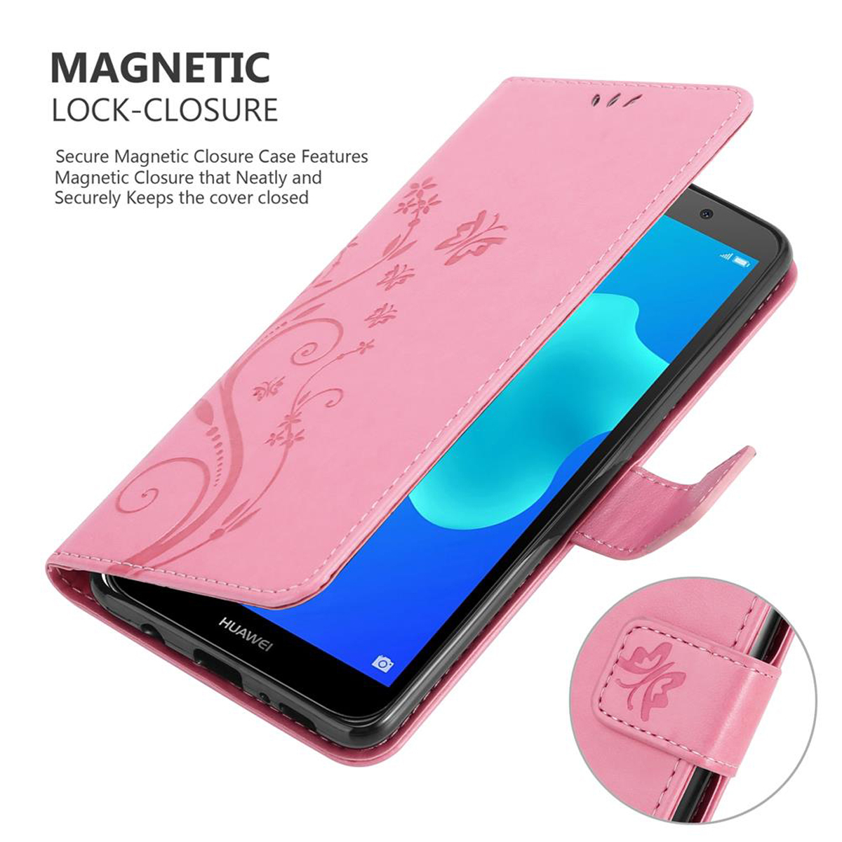 Custodia rosa aperta, mostra un telefono. Sono presenti motivi floreali decorativi e chiusura magnetica.