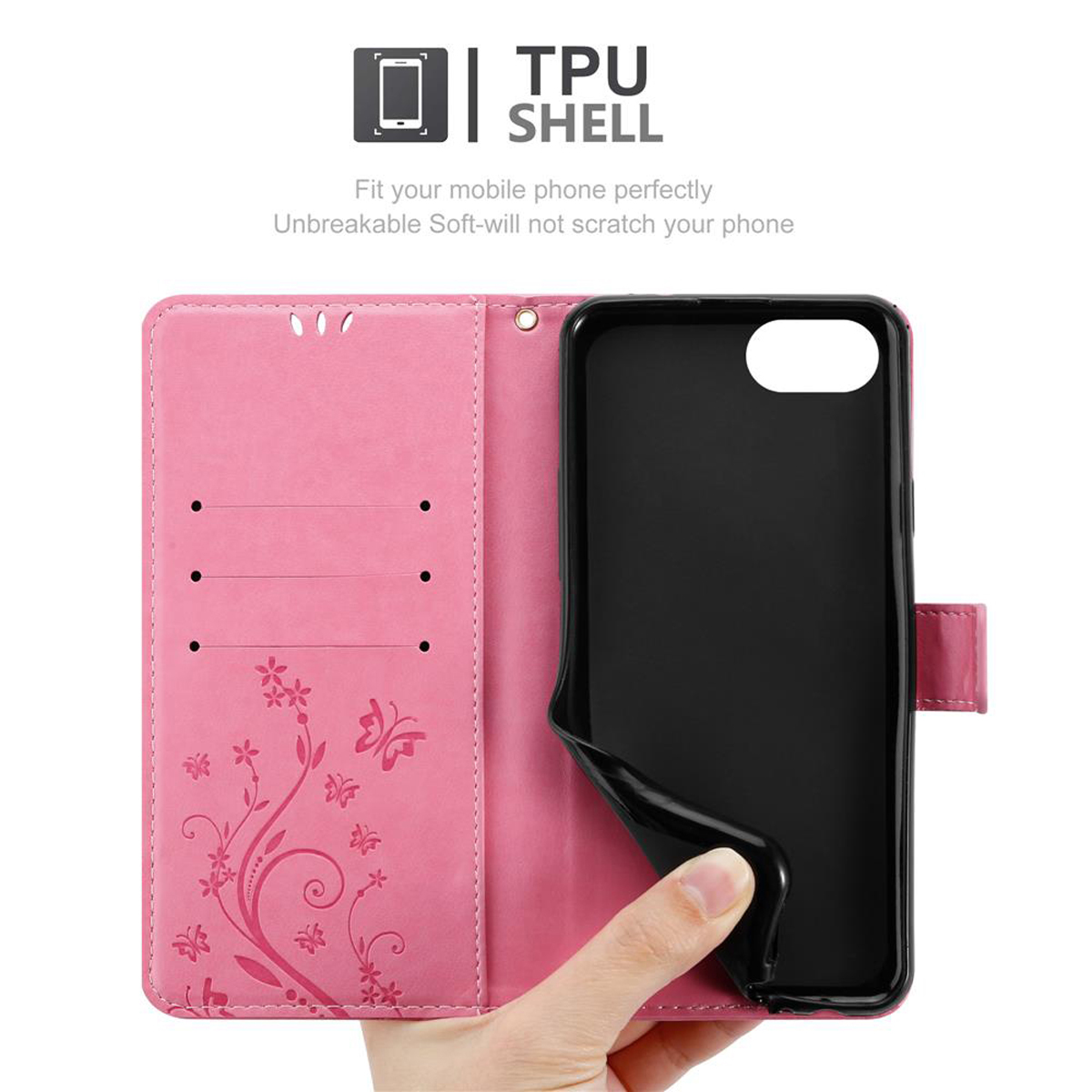 Una custodia per telefono rosa è aperta, che mostra un telefono all'interno. La custodia è decorata con motivi floreali.