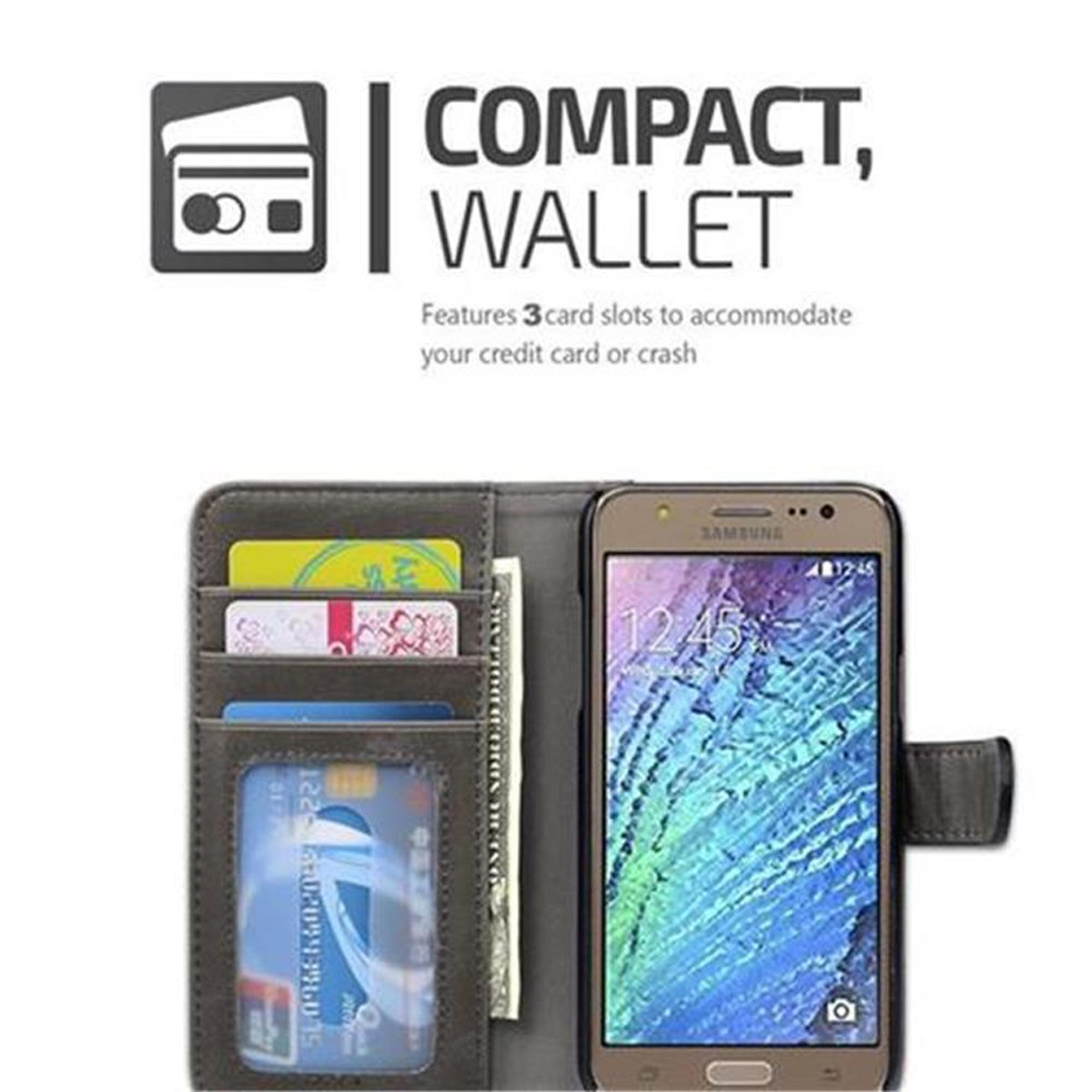 Telefono in una custodia a portafoglio. Ha slot per carte e contanti.