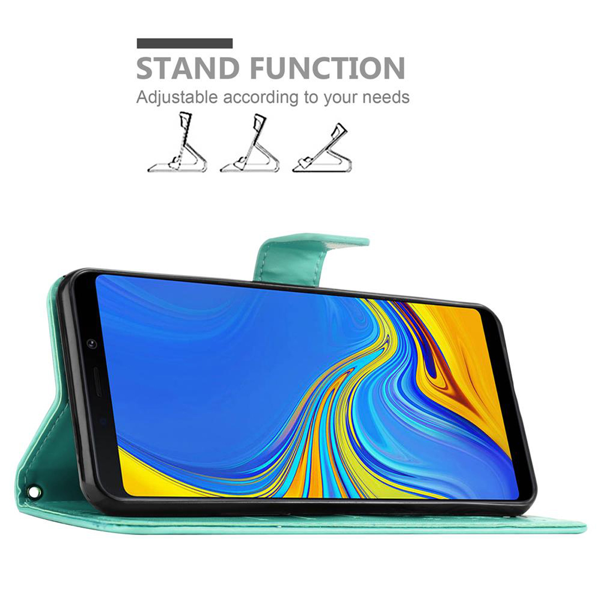 Custodia per telefono turchese con funzione di supporto. Telefono con display colorato. Testo: Funzione supporto.