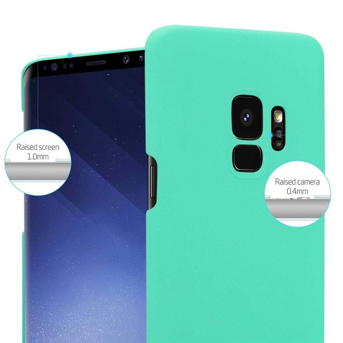 Un telefono in una custodia verde acqua, che mostra il retro del telefono.