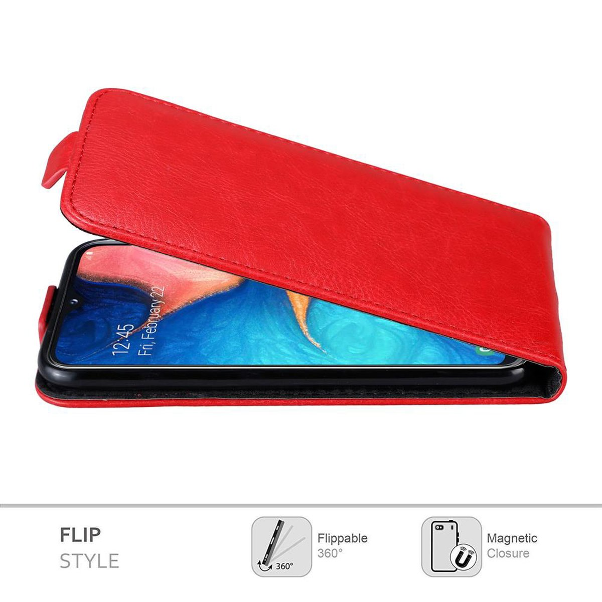 Rote Flip-Cover-Hülle mit Telefon. Das Telefon zeigt Datum und Uhrzeit an. Weißer Hintergrund.