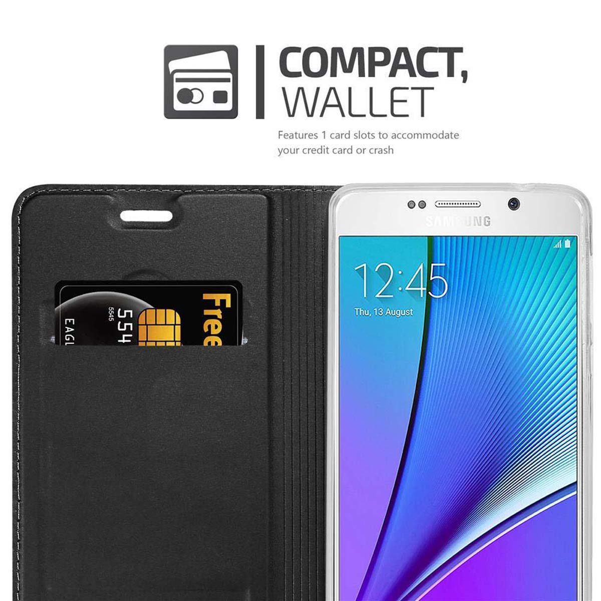 Custodia per telefono nera con slot per schede. Telefono bianco. Testo: Compatto, portafoglio. Carta di credito nello slot.