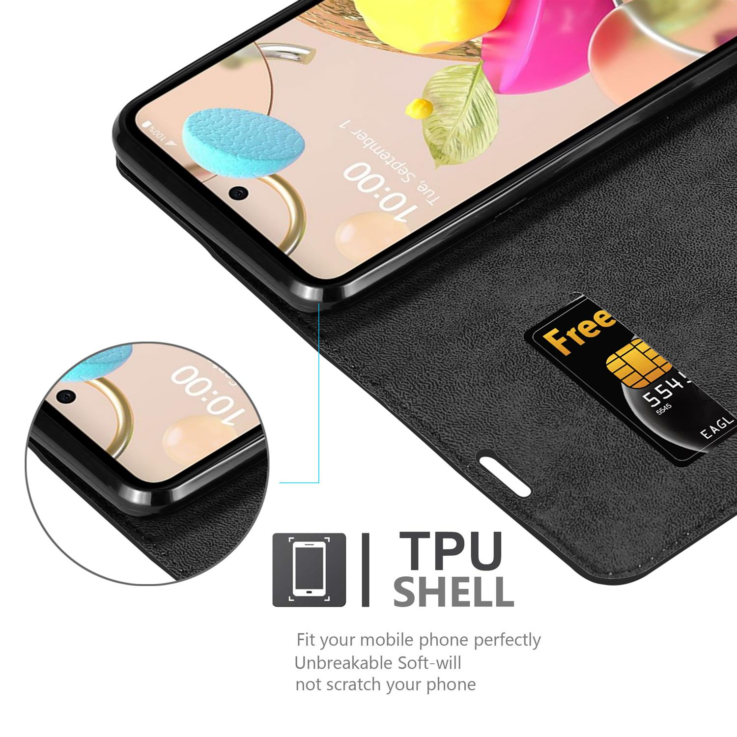 Schwarze Handyhülle mit Telefon. Telefon zeigt Zeit und Farbdesign.