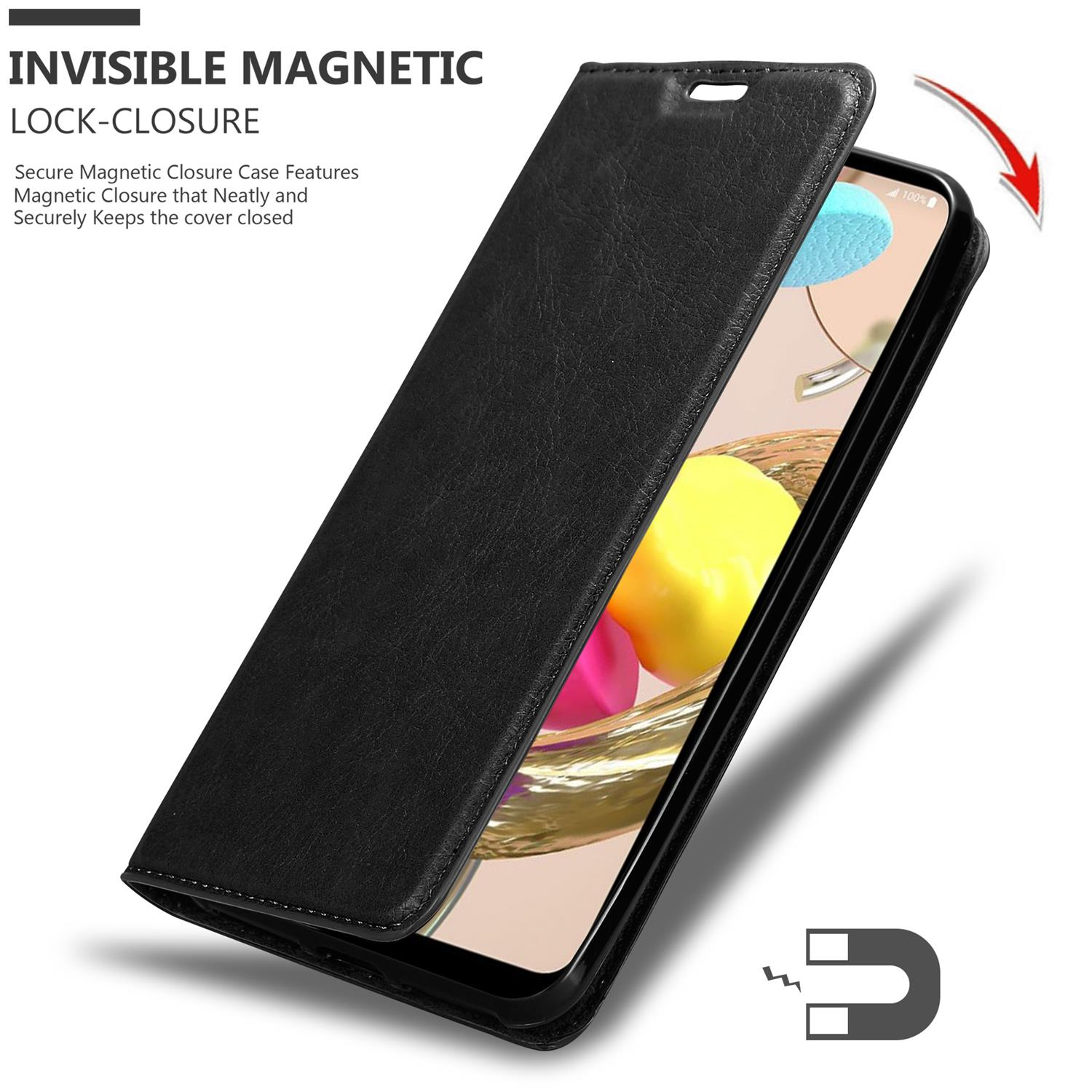 Schwarze Handyhülle mit Telefon, offen. Text: Unsichtbarer Magnetverschluss. Zeigt Telefon- und Gehäusedetails.
