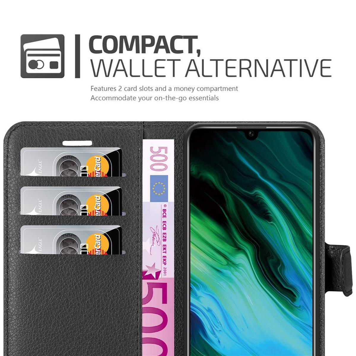 Custodia per telefono nera con scomparti per carte e vano portabanconote. Telefono all'interno.