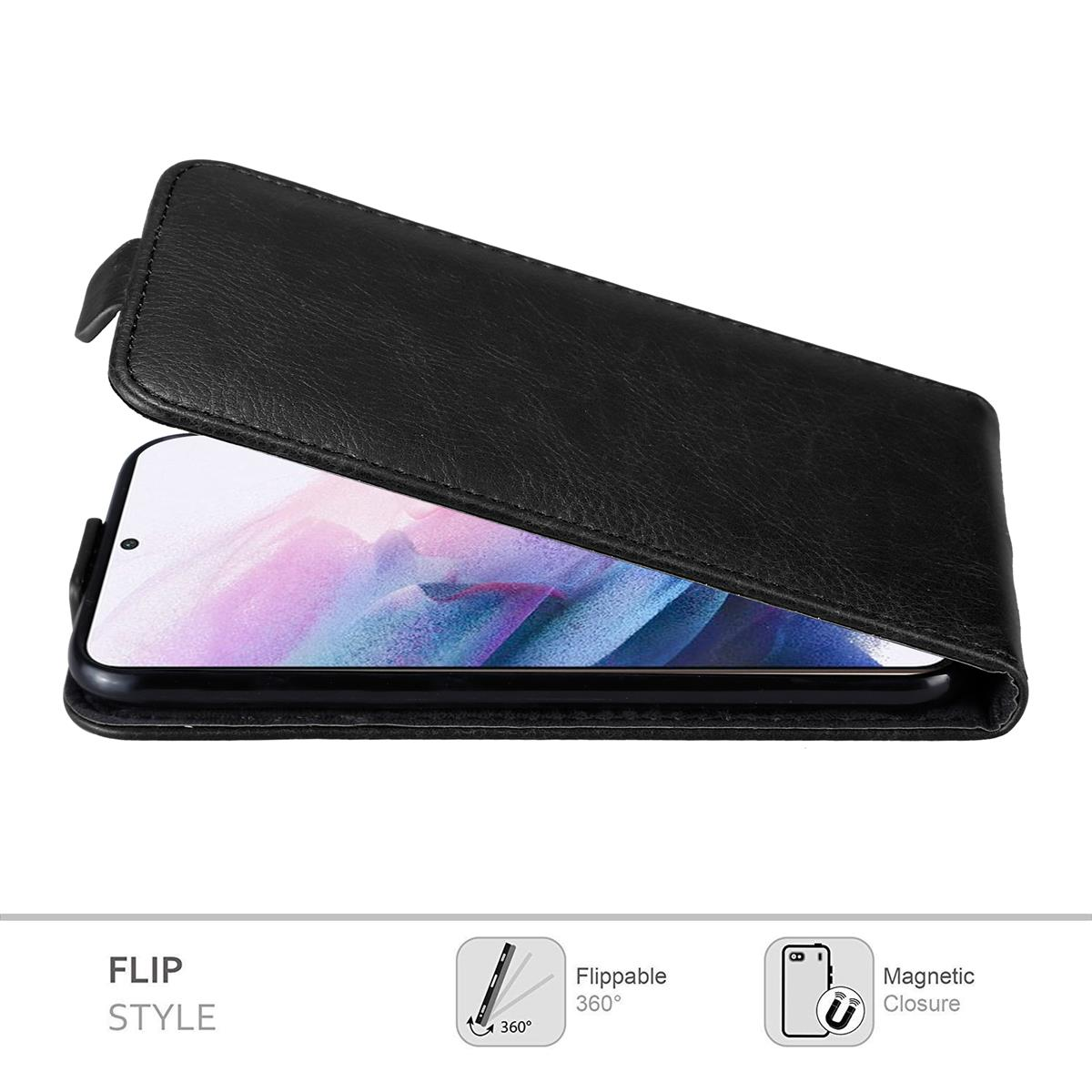 Una custodia per telefono nera è aperta, rivelando uno smartphone. La custodia ha una chiusura magnetica.