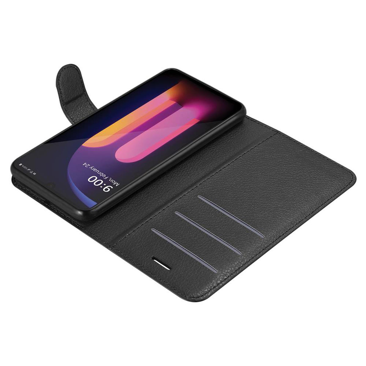 Telefono nero in custodia nera, aperto. Mostra fessure per carte e porta di ricarica.