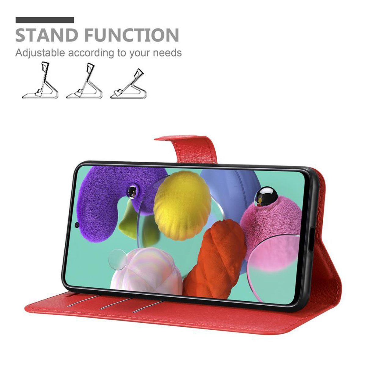 Ein Telefon, das in einer roten Hülle aufgestellt ist. Der Bildschirm zeigt farbenfrohe, abstrakte Formen. Die Hülle ist zum Betrachten offen.