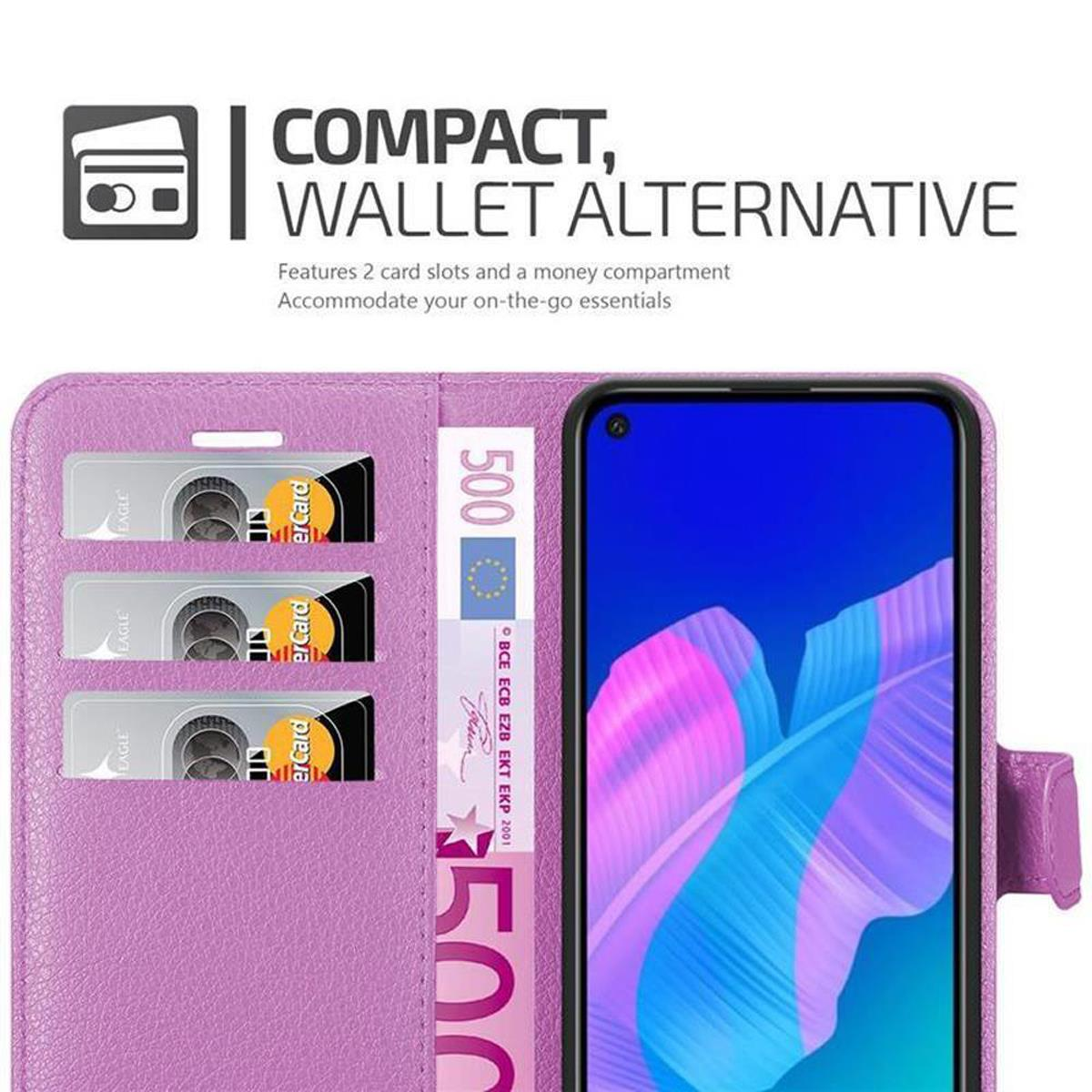 Custodia viola per telefono aperta con carte e denaro. Testo COMPACT, WALLET ALTERNATIVE sopra.