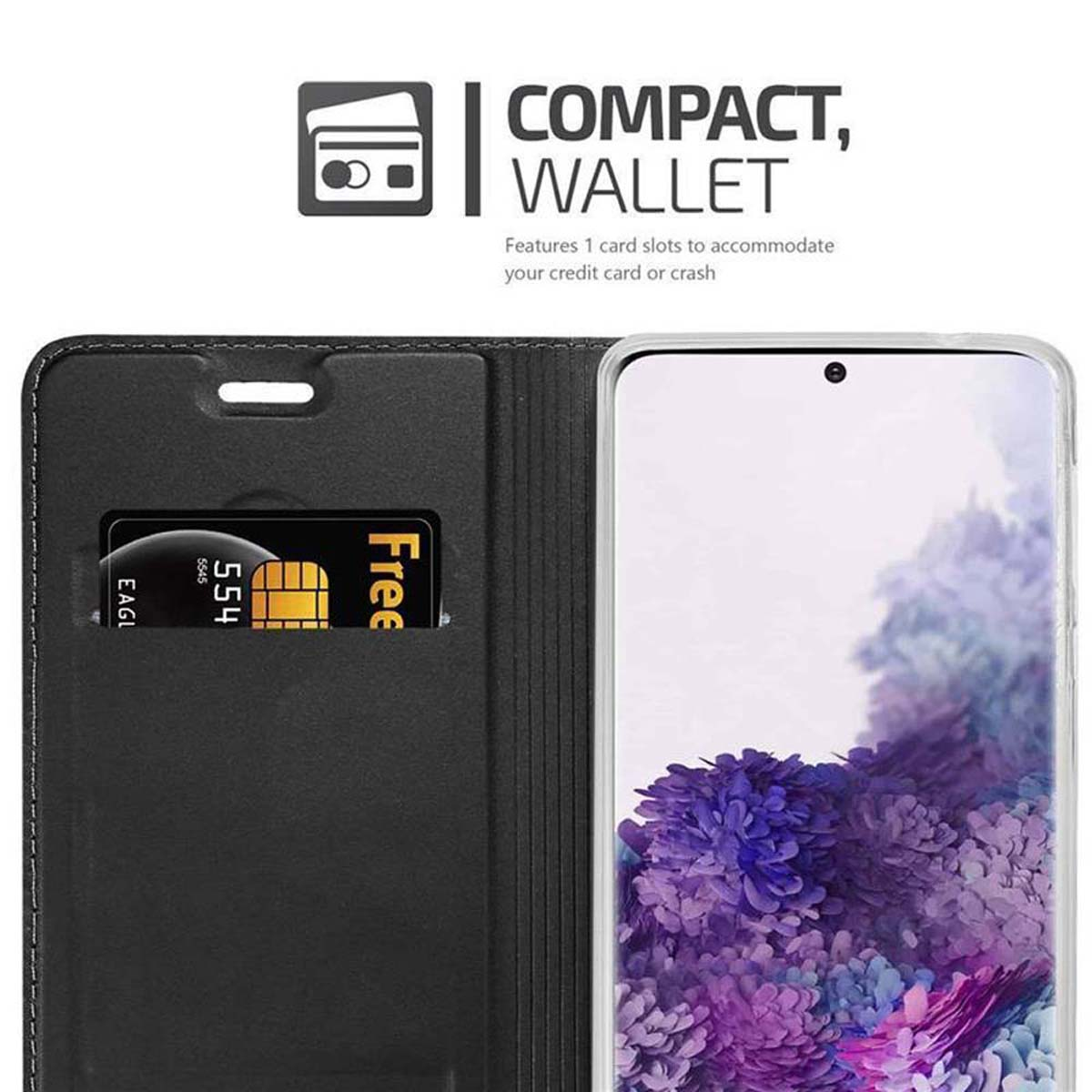 Custodia nera, aperta, con carta e telefono. Primo piano di una carta e del telefono.