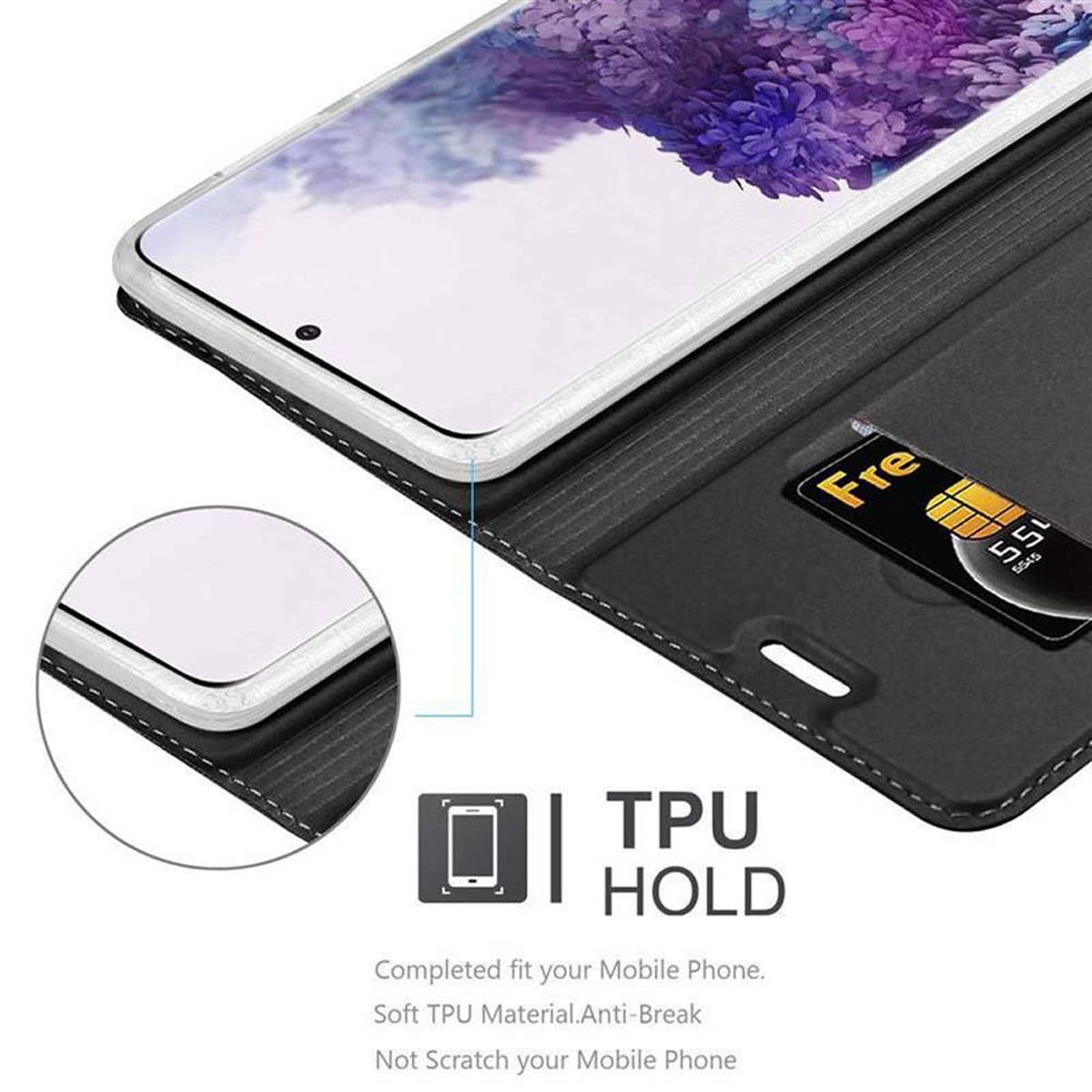 Custodia per telefono nera con slot per schede e un telefono all'interno. Primo piano con dettagli.