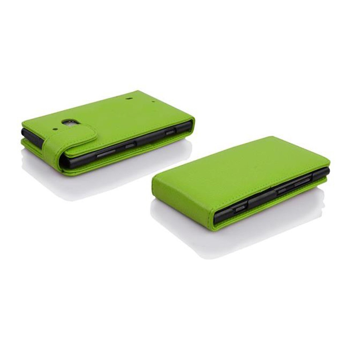 Dos fundas verdes para teléfono, una cerrada, otra abierta. Ambas tienen teléfonos negros dentro. Reflejo visible.