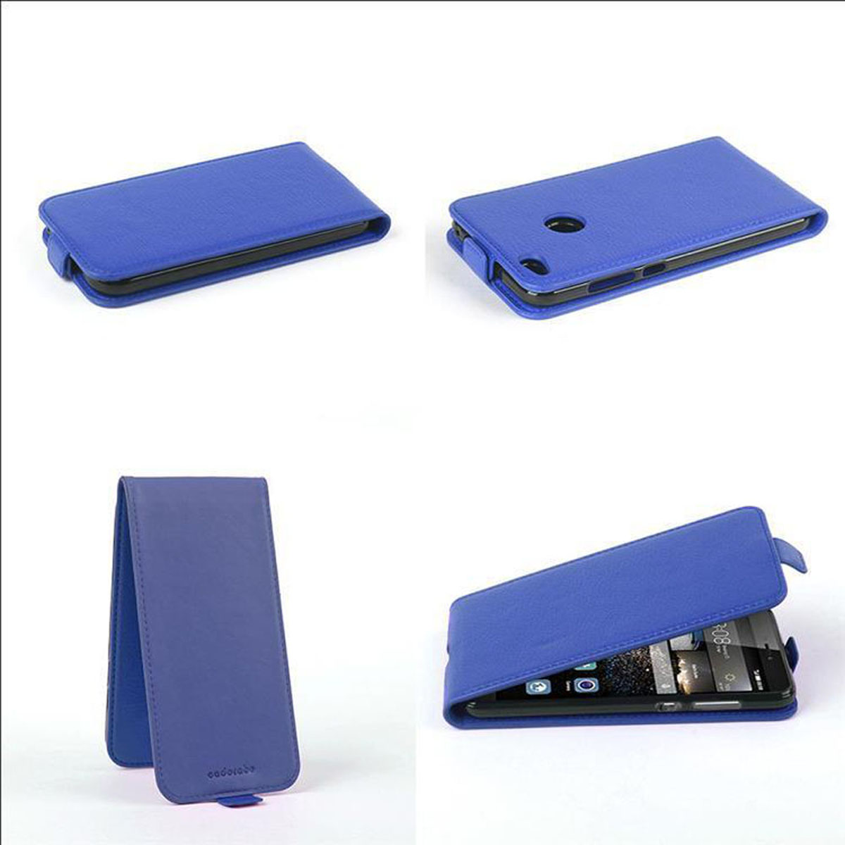 Blaue Handyhülle in verschiedenen Ansichten. Das Telefon befindet sich in der Hülle.