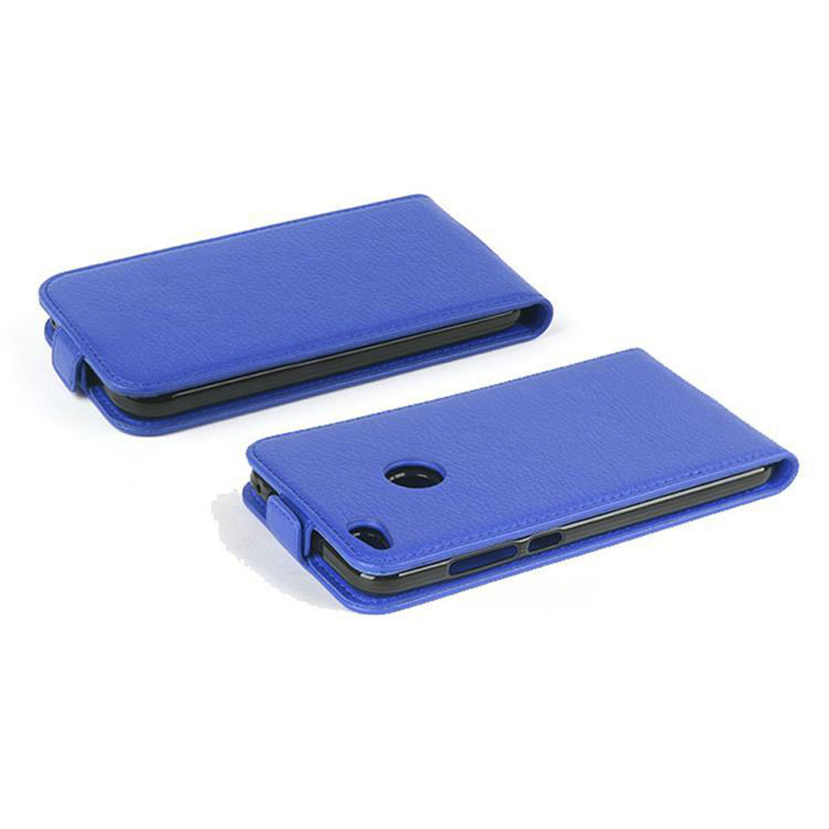 Zwei blaue Handyhüllen werden geschlossen gezeigt. Beide sind aus Leder. Ein Gehäuse ist leicht geöffnet.
