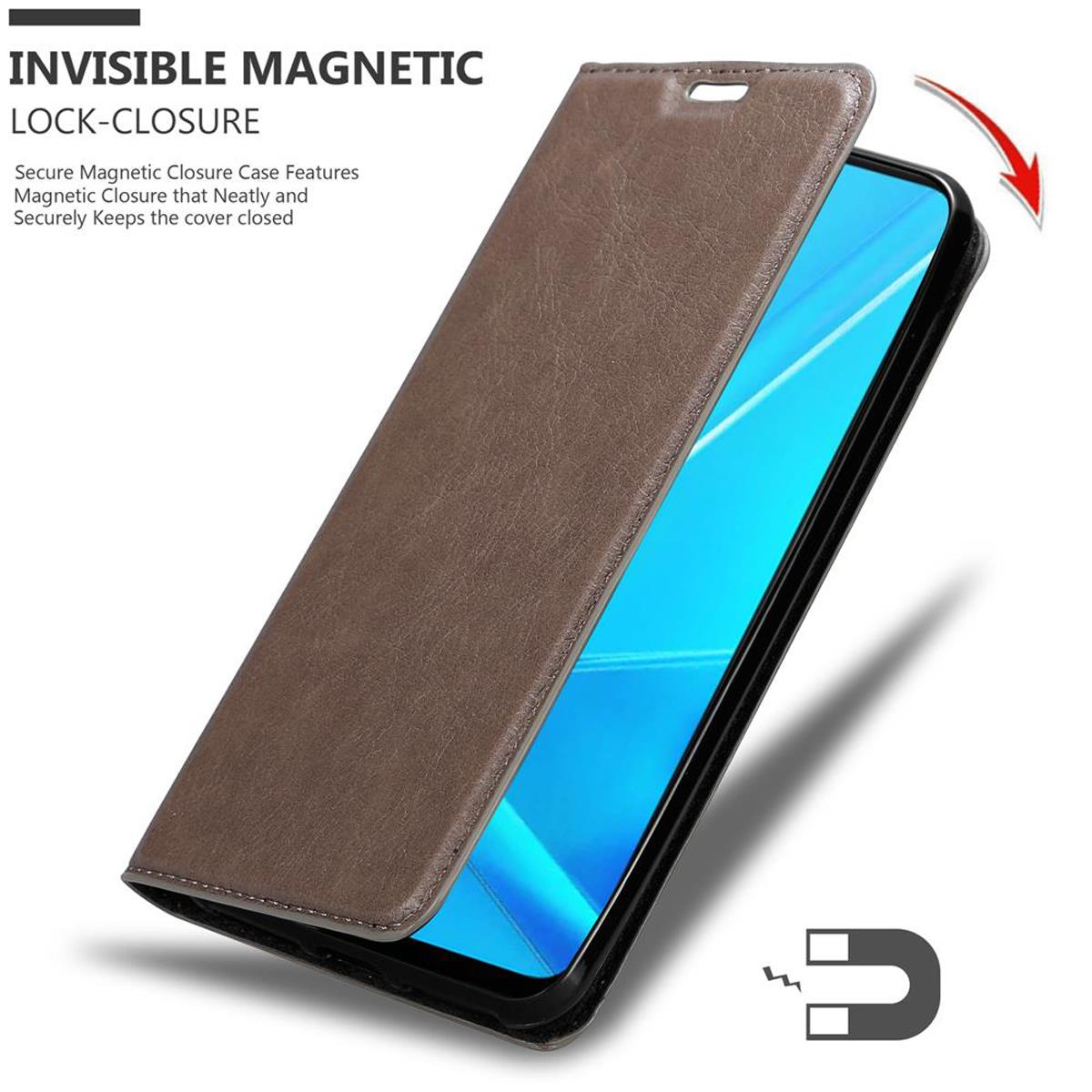Braune Handyhülle, Telefon innen. Unsichtbarer Magnetverschluss. Magnet-Symbol sichtbar.