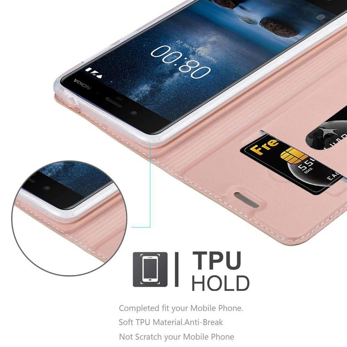 Custodia rosa aperta con carta e telefono. Supporto TPU e dettagli del telefono.
