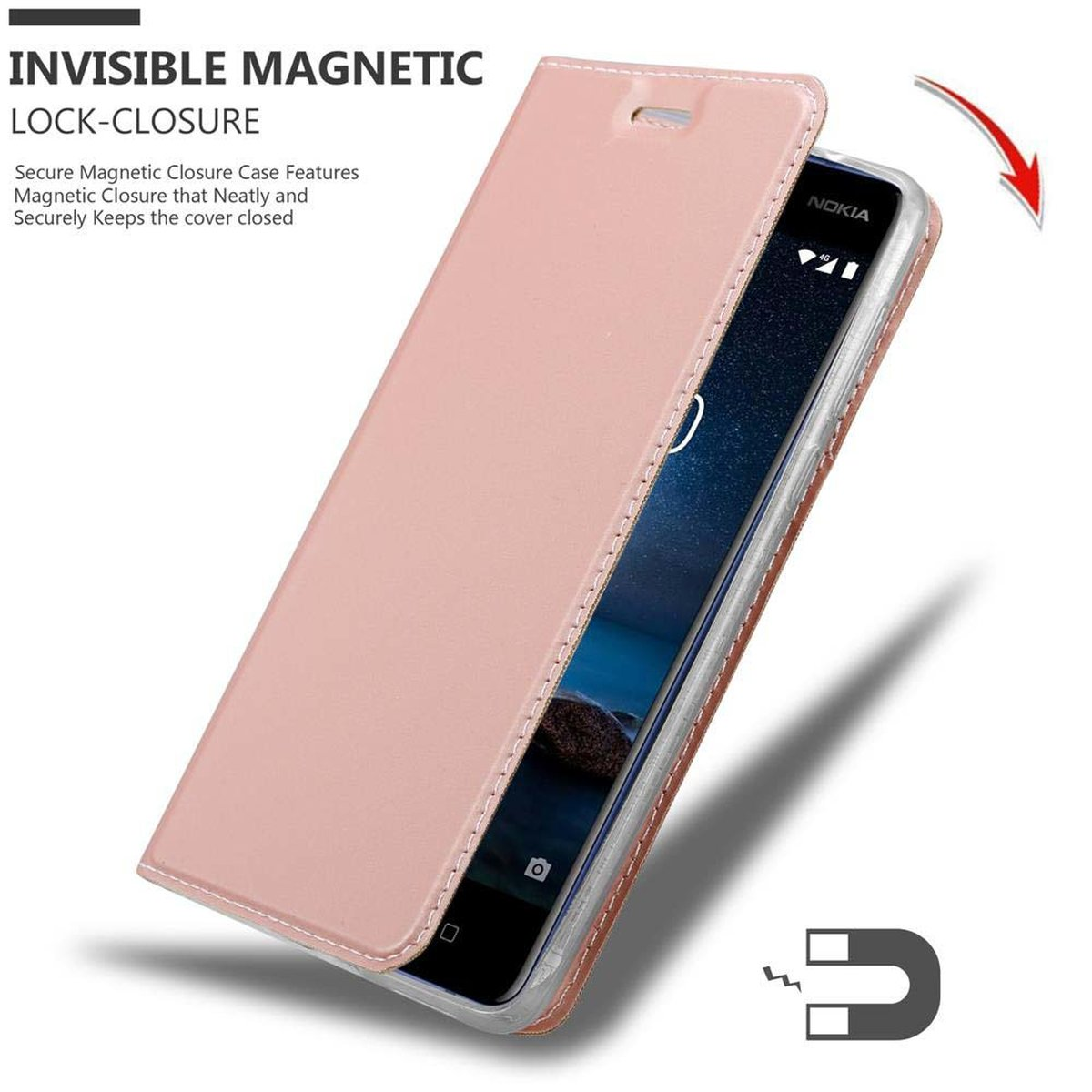 Custodia rosa chiusa, parte aperta, con un magnete. Mostrando il telefono all'interno.