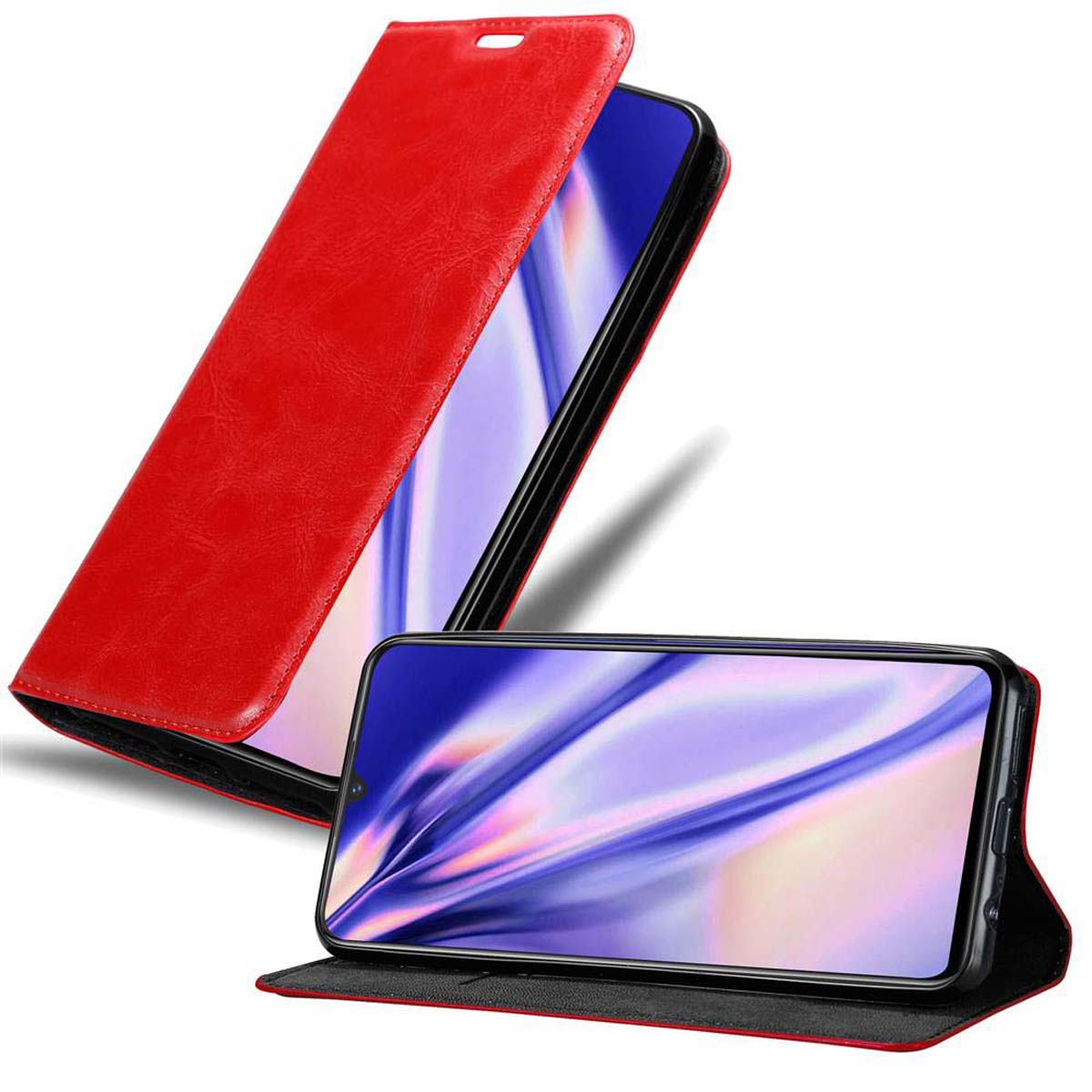 Custodia rossa con patta aperta, mostra telefono con schermo colorato.