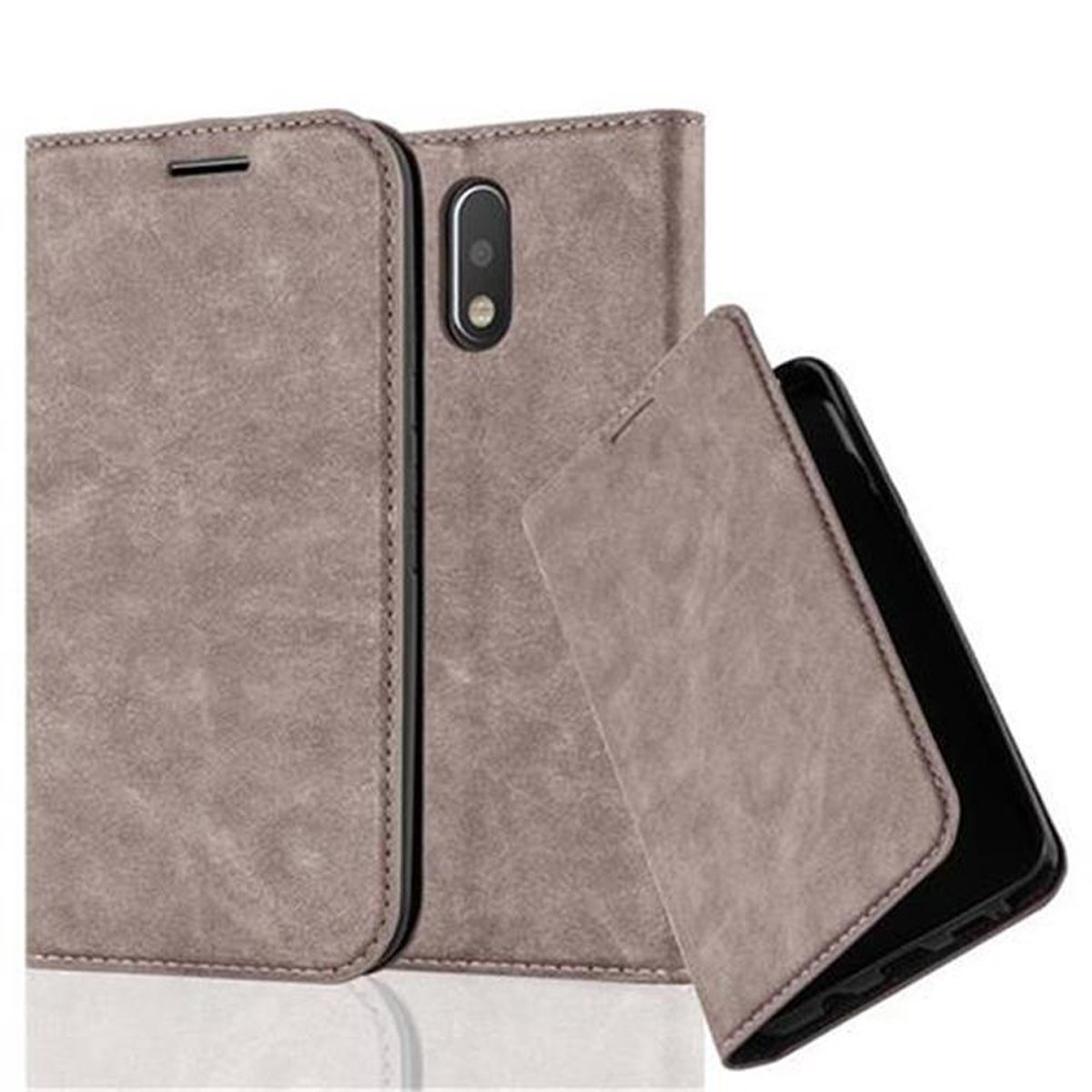 Funda gris con un teléfono dentro, la funda está abierta. El teléfono es gris claro.