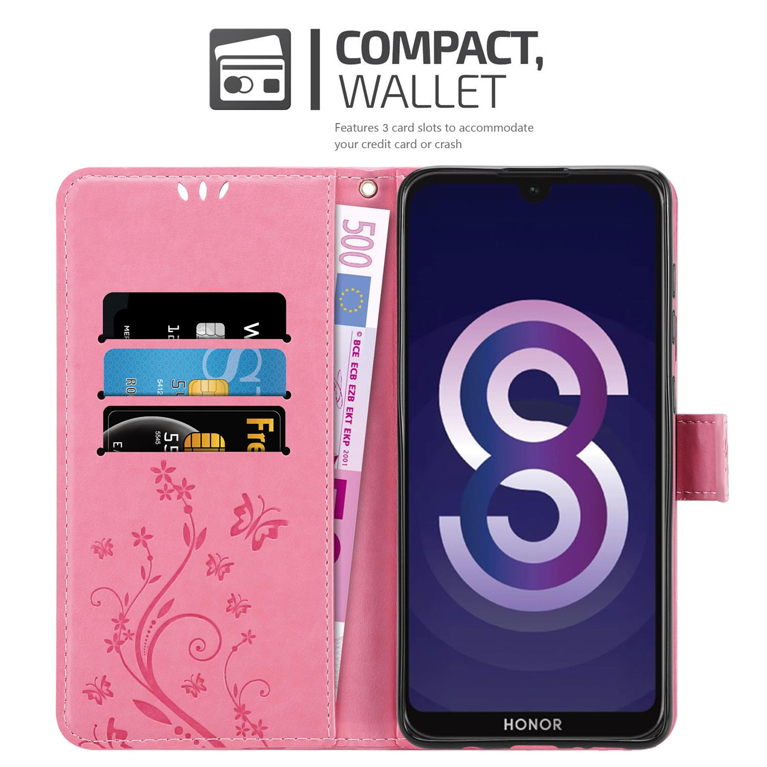 Custodia per telefono rosa con slot per carte e denaro. Il telefono è all'interno della custodia.