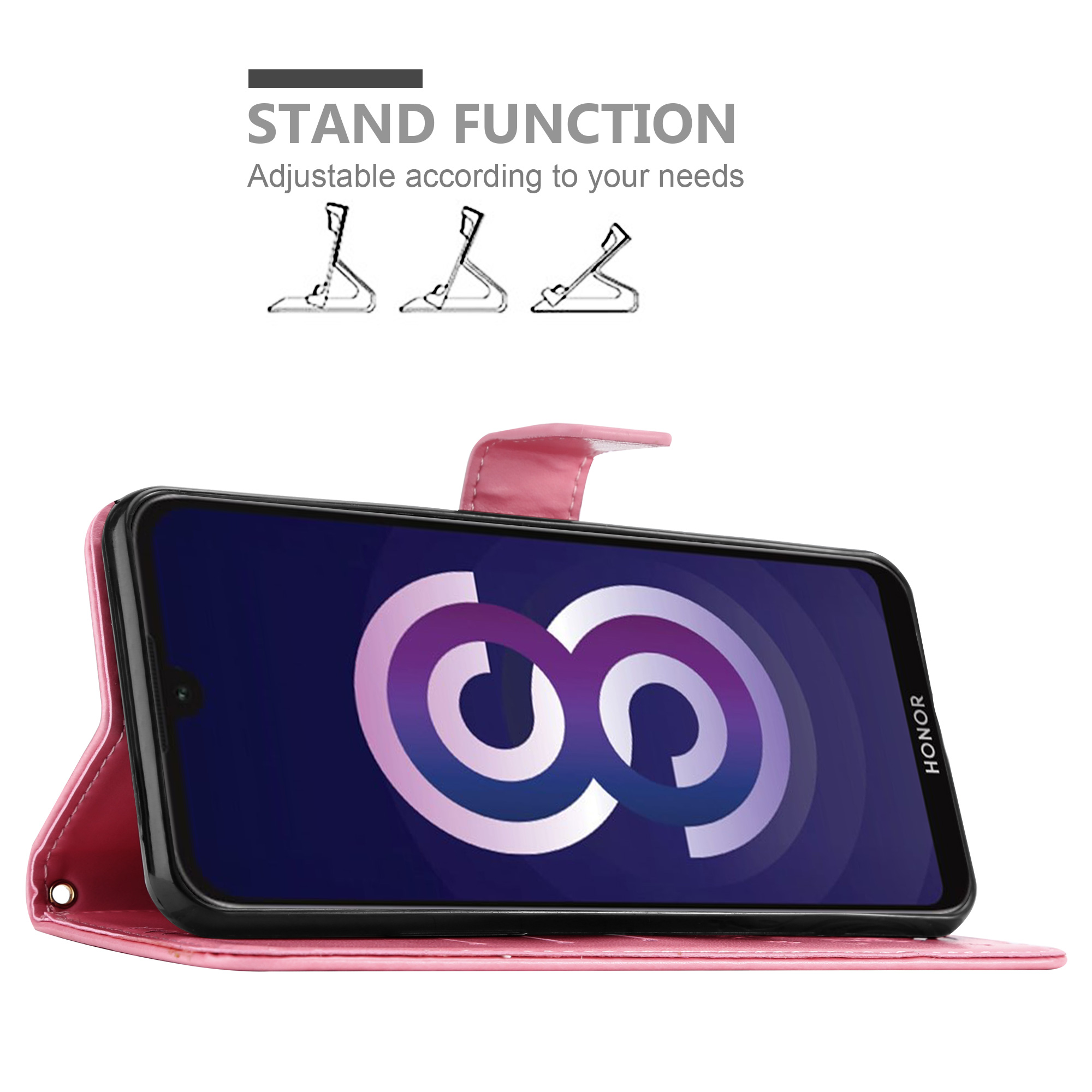 Custodia rosa, aperta, con telefono che mostra logo. Funzione supporto mostrata.
