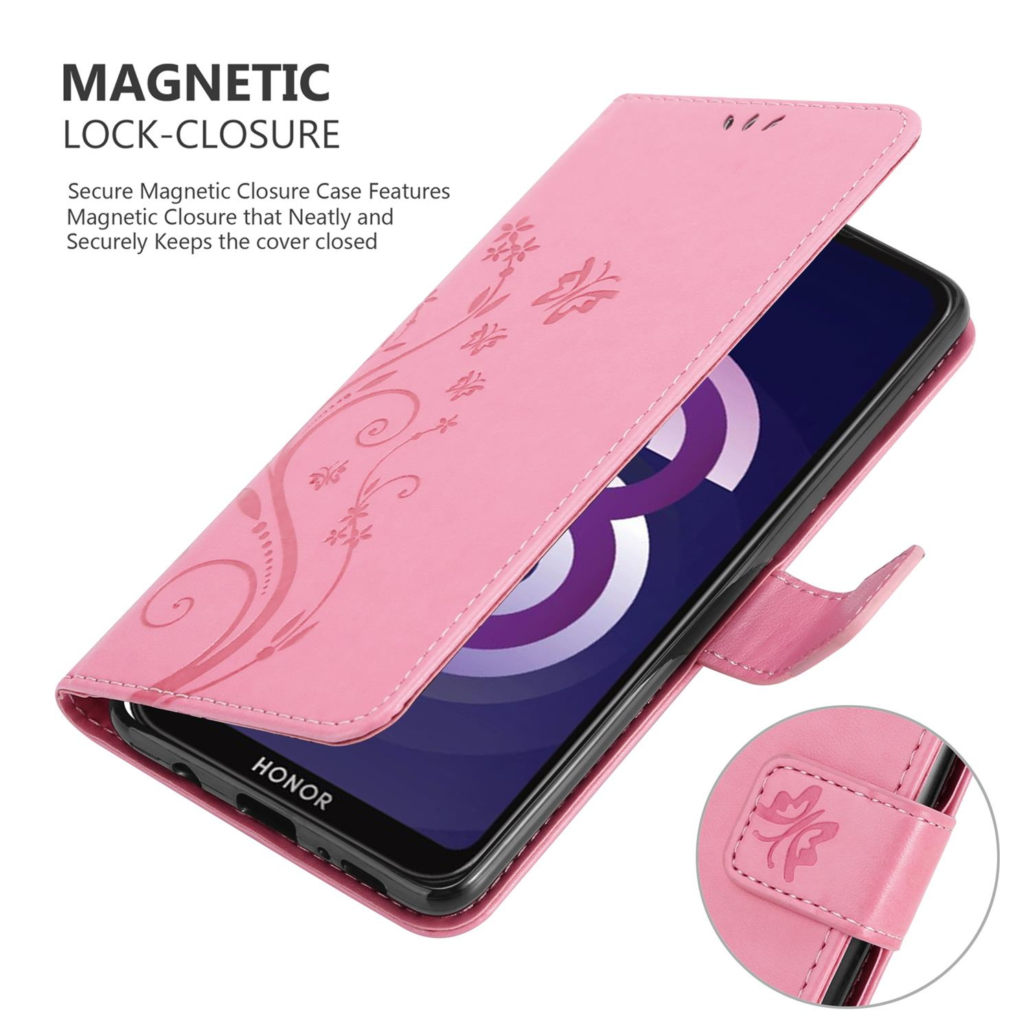 Custodia per telefono rosa con chiusura magnetica, design floreale. Telefono all'interno. Lo sfondo è bianco.