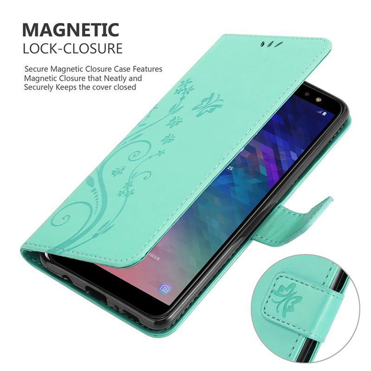 Custodia verde acqua aperta, mostra telefono. Decorata con motivi floreali.