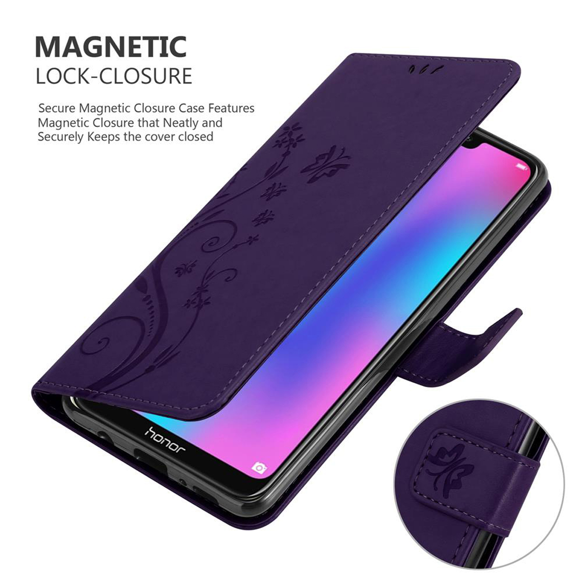Custodia del telefono viola aperta, che rivela il telefono. Design floreale all'interno. Mostra il blocco magnetico.