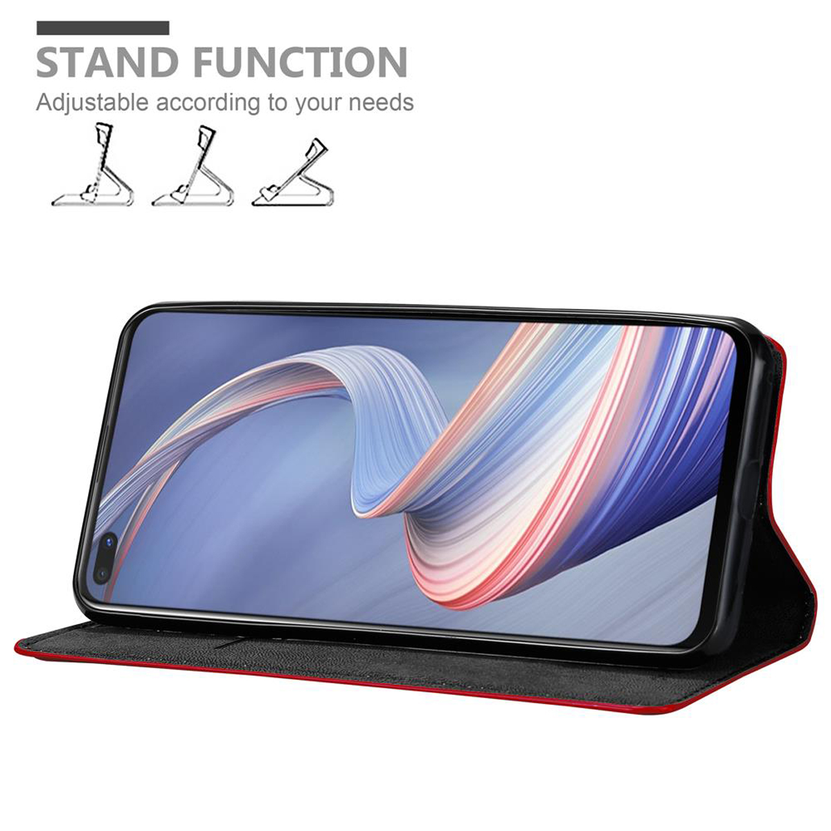 Telefono in una custodia, funzione stand. Il telefono visualizza uno schermo. La custodia è nera con finiture rosse. Funzione stand.