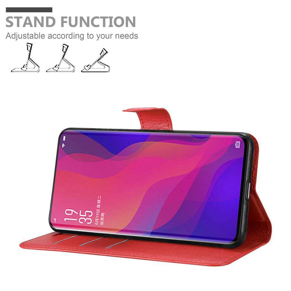 Custodia per telefono rossa con un telefono. Il testo dice: FUNZIONE STAND. Lo schermo mostra una sfumatura rosa.