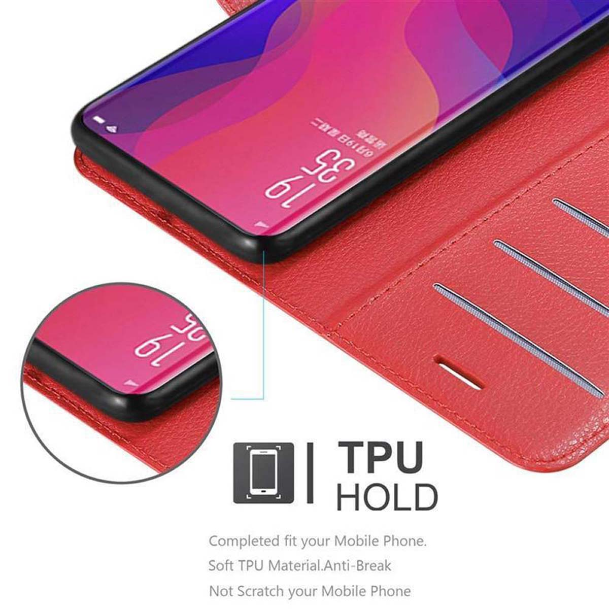 Custodia rossa del telefono aperta, rivelando un telefono. Il telefono mostra un'interfaccia.