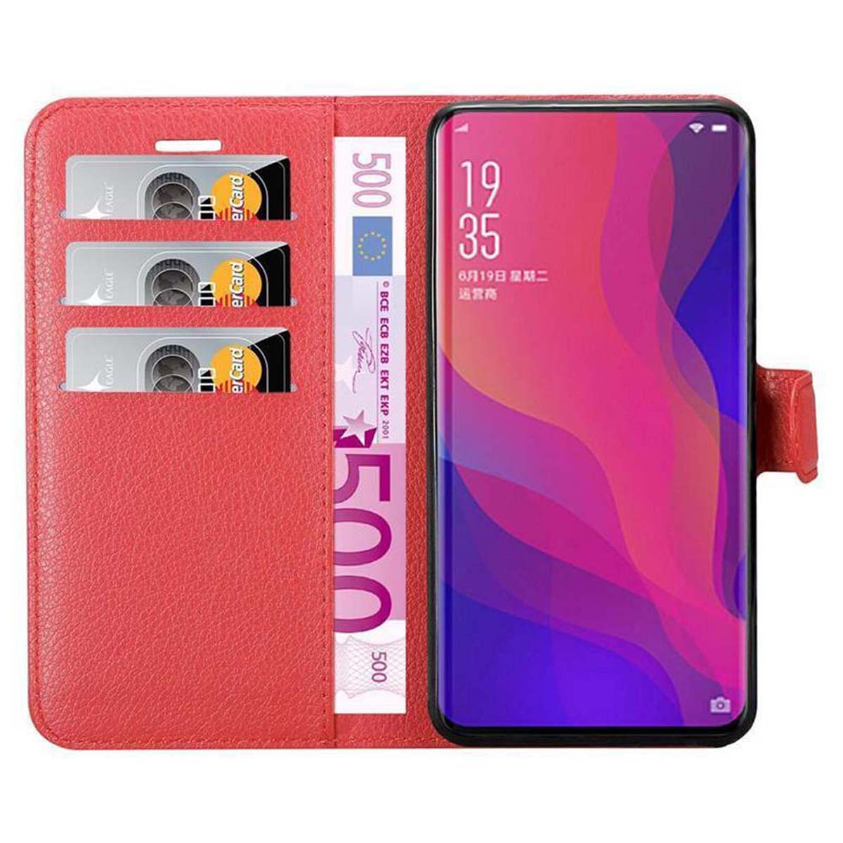 Custodia rossa per telefono, aperta. All'interno ci sono carte, denaro e telefono. Il telefono mostra l'ora e uno sfondo colorato.