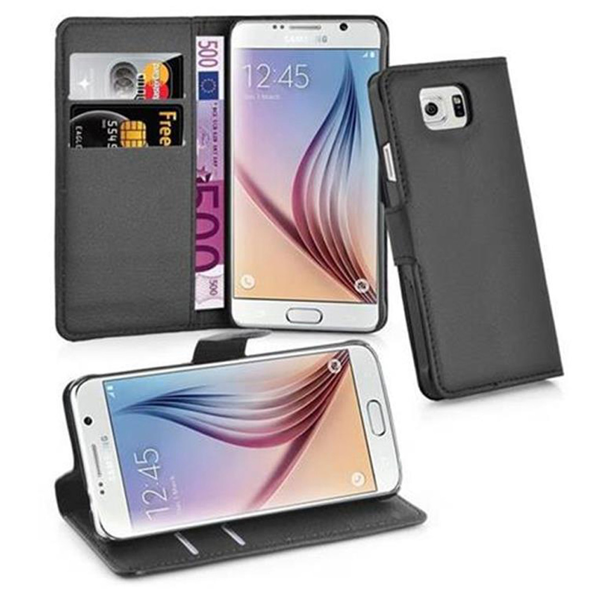 Custodia per telefono nera con portafoglio integrato, mostra telefono e carte, e una custodia separata.