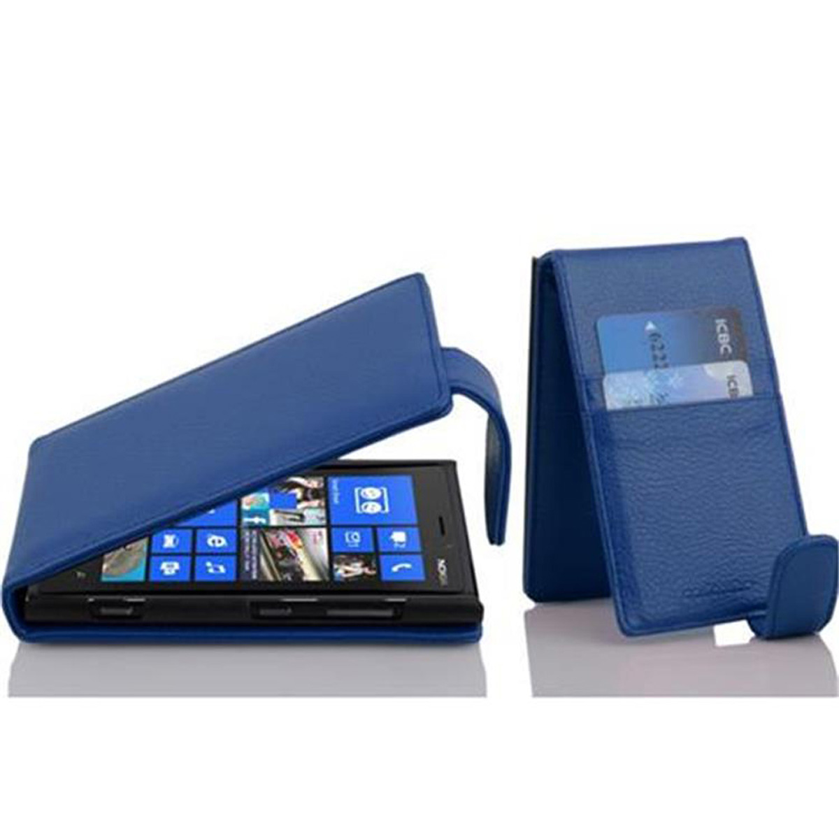 Eine blaue Handyhülle, offen, mit einem Telefon darin. Karten befinden sich in den Kartenfächern.