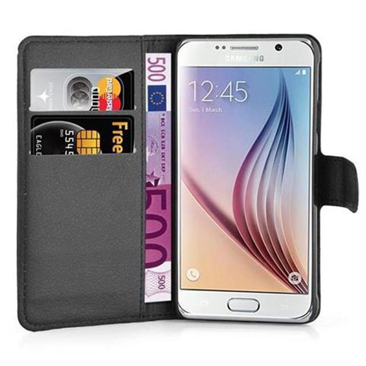 Custodia del telefono nera aperta, che rivela un telefono, carte di credito e denaro. Il telefono mostra un orologio.