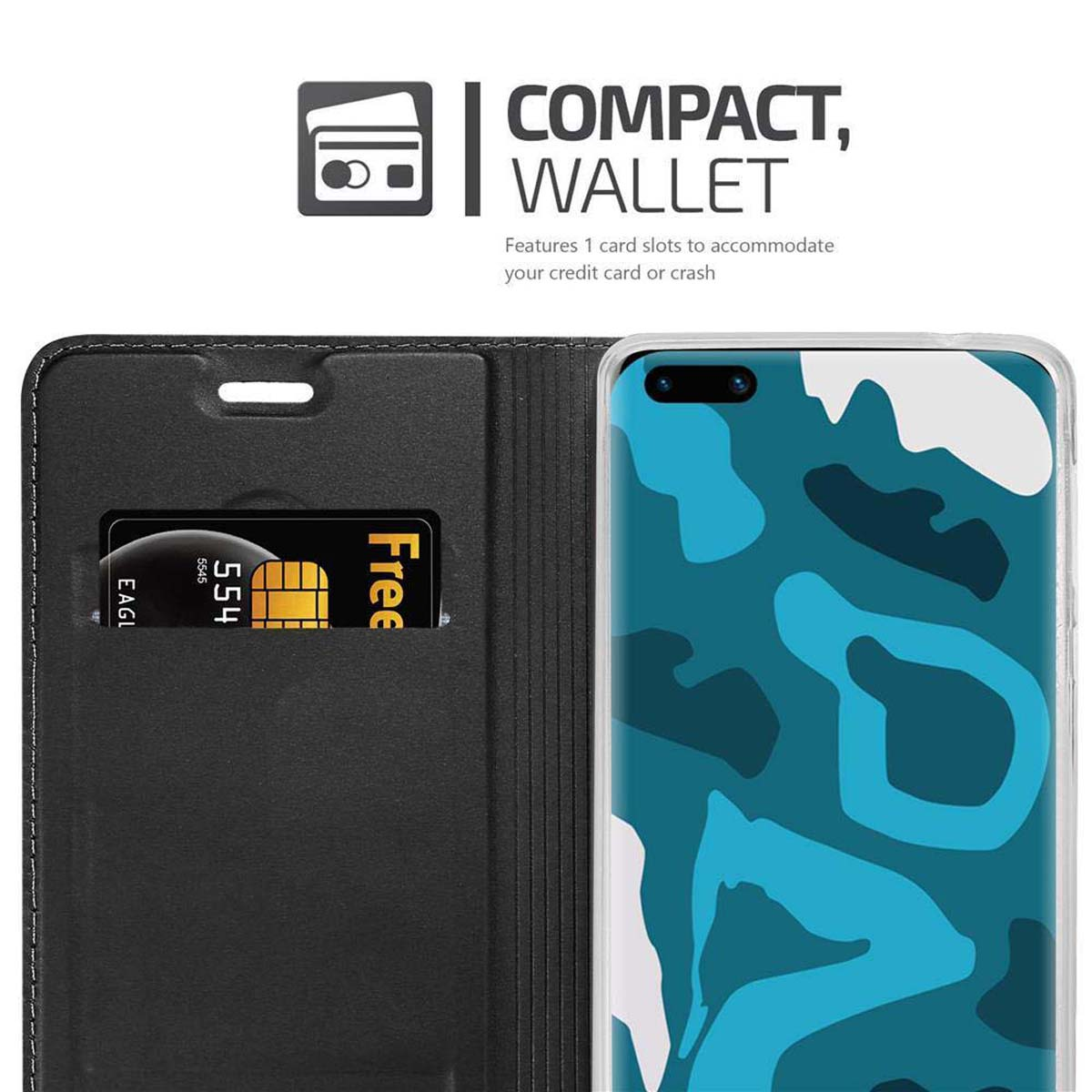 Handyhülle mit Telefon und Kartenfach. Bildschirm zeigt blaues Camo-Design.