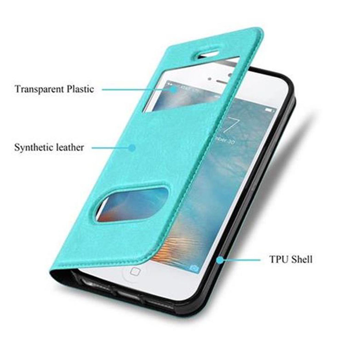Una custodia per telefono con un telefono all'interno, che mostra plastica trasparente e pelle sintetica, con un guscio in TPU.