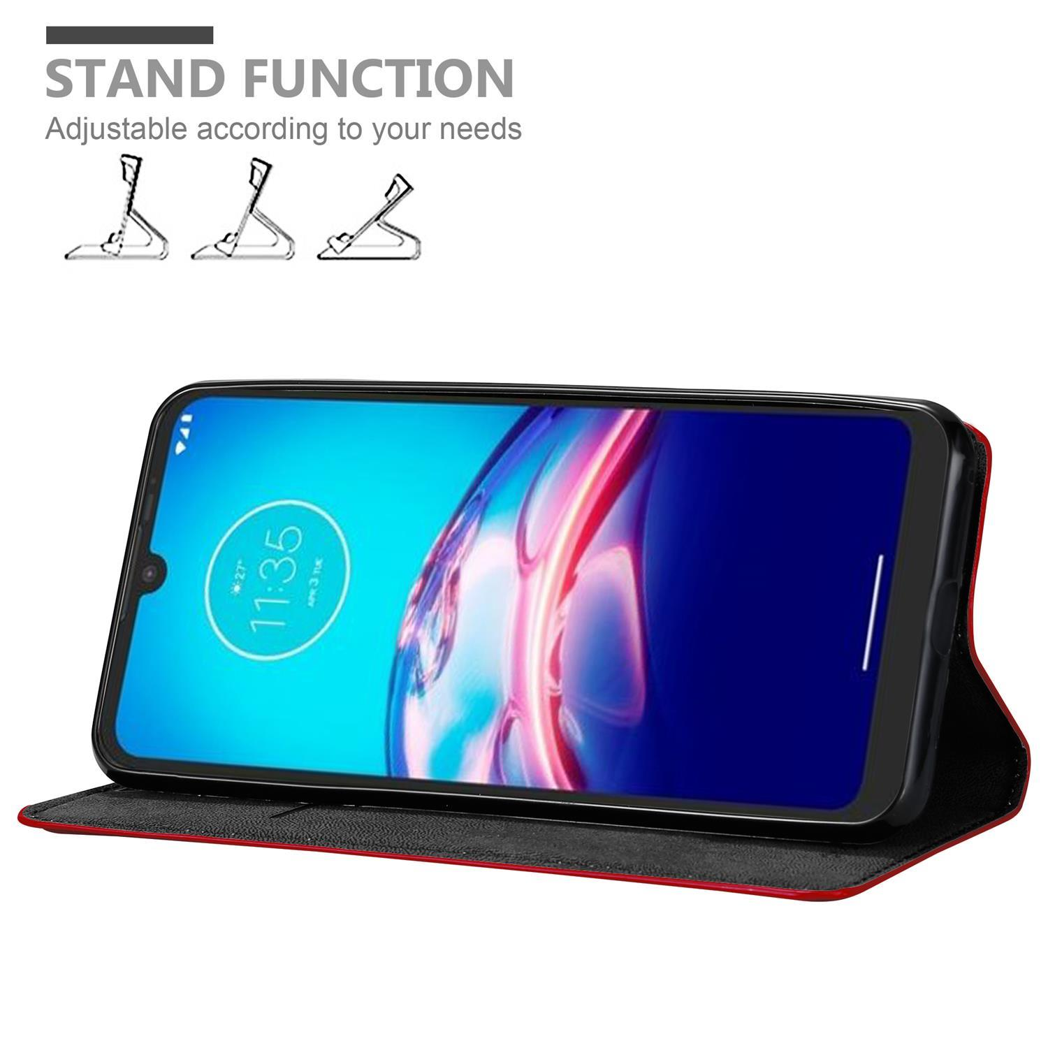Telefono in custodia rossa, aperto. Lo schermo mostra l'ora. La funzione supporto è indicata.
