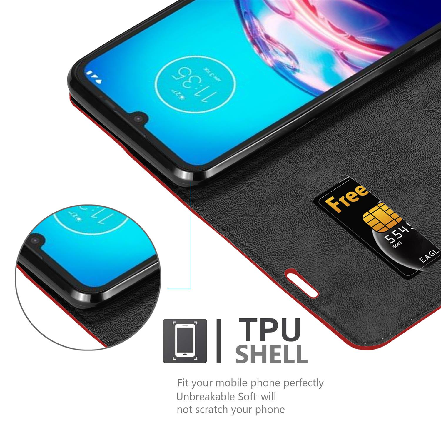 Telefono in una custodia nera, aperto. Viene mostrata una carta. Il testo in basso recita: TPU SHELL.