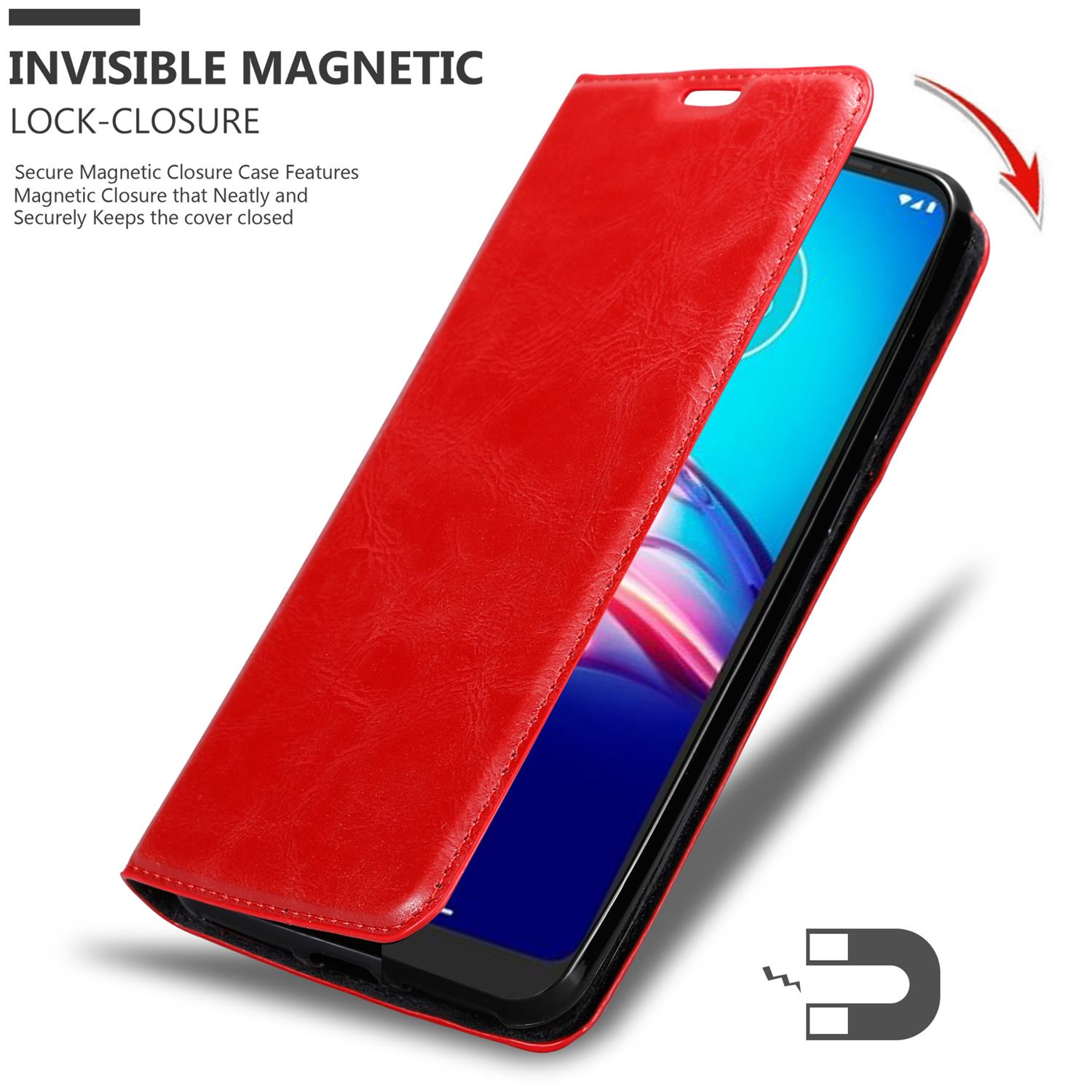 Custodia rossa aperta, rivelando lo schermo del telefono. Chiusura magnetica mostrata con icona.