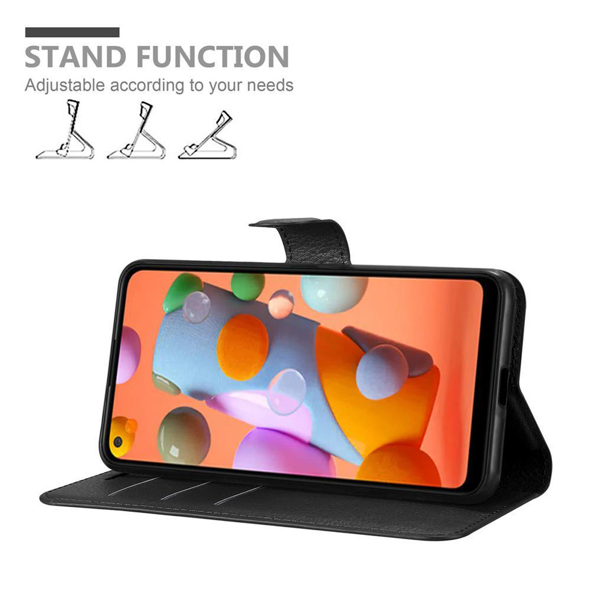 Custodia nera con telefono. Il display mostra arte astratta colorata. Funzione supporto pubblicizzata.