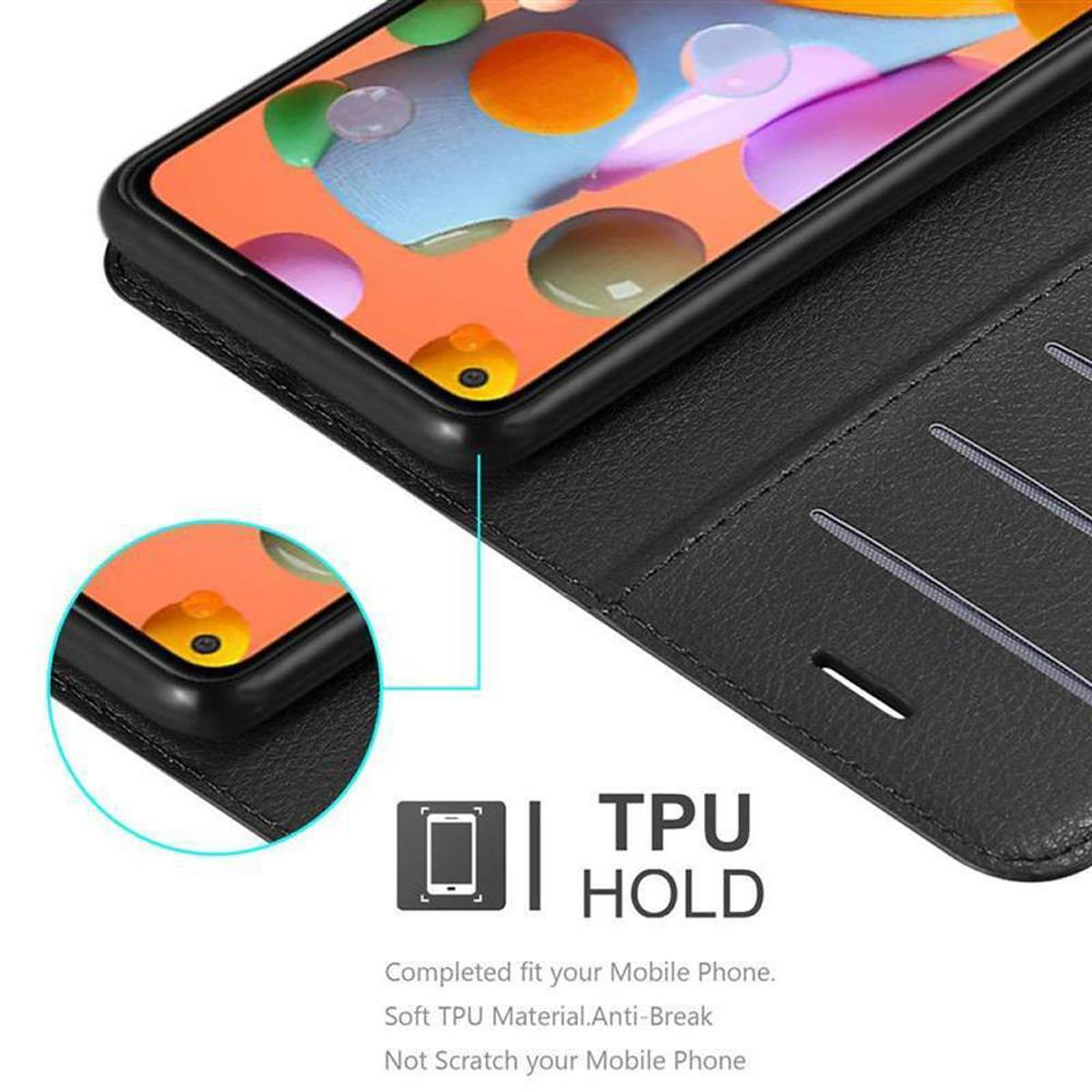 Una custodia per telefono nera aperta che mostra un telefono. Testo 'TPU HOLD' presente. Primo piano del telefono nella custodia.