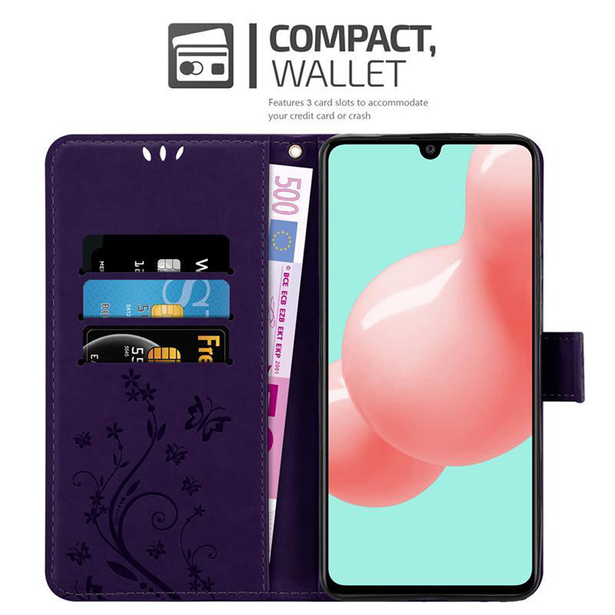 Custodia per telefono viola con fessure per carte, una banconota da 500 euro e un telefono con sfondo rosa.
