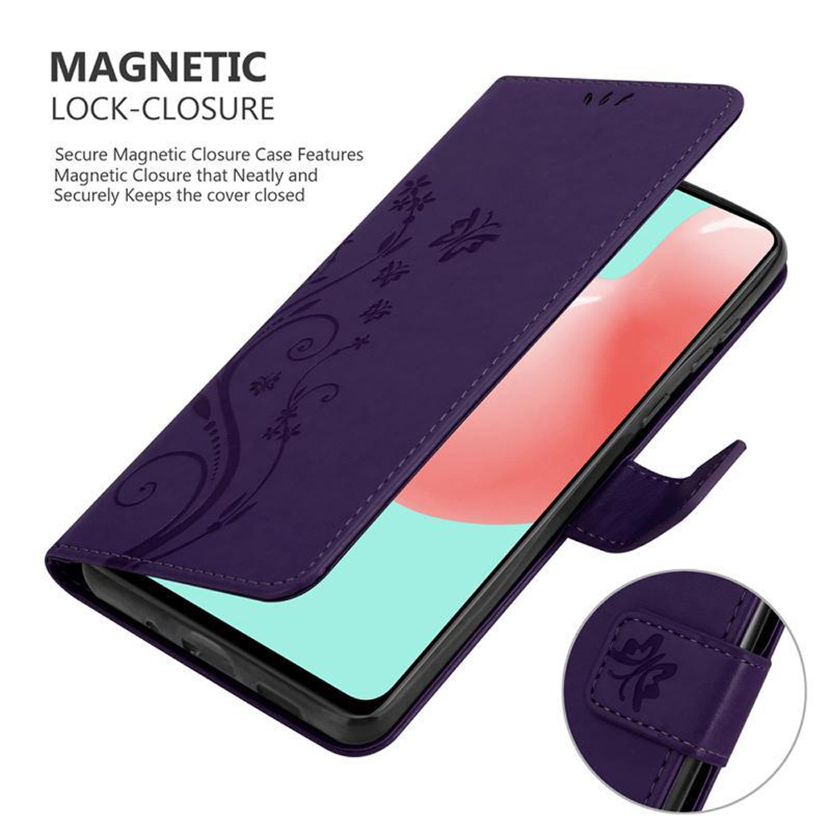 Custodia per telefono viola con design floreale, aperta per rivelare il telefono. Chiusura magnetica.