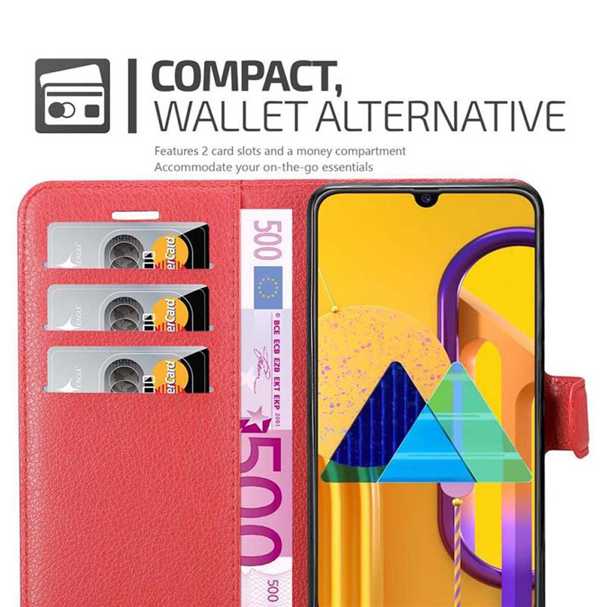 Custodia per telefono rossa aperta con denaro e carte all'interno. Un telefono è visibile.