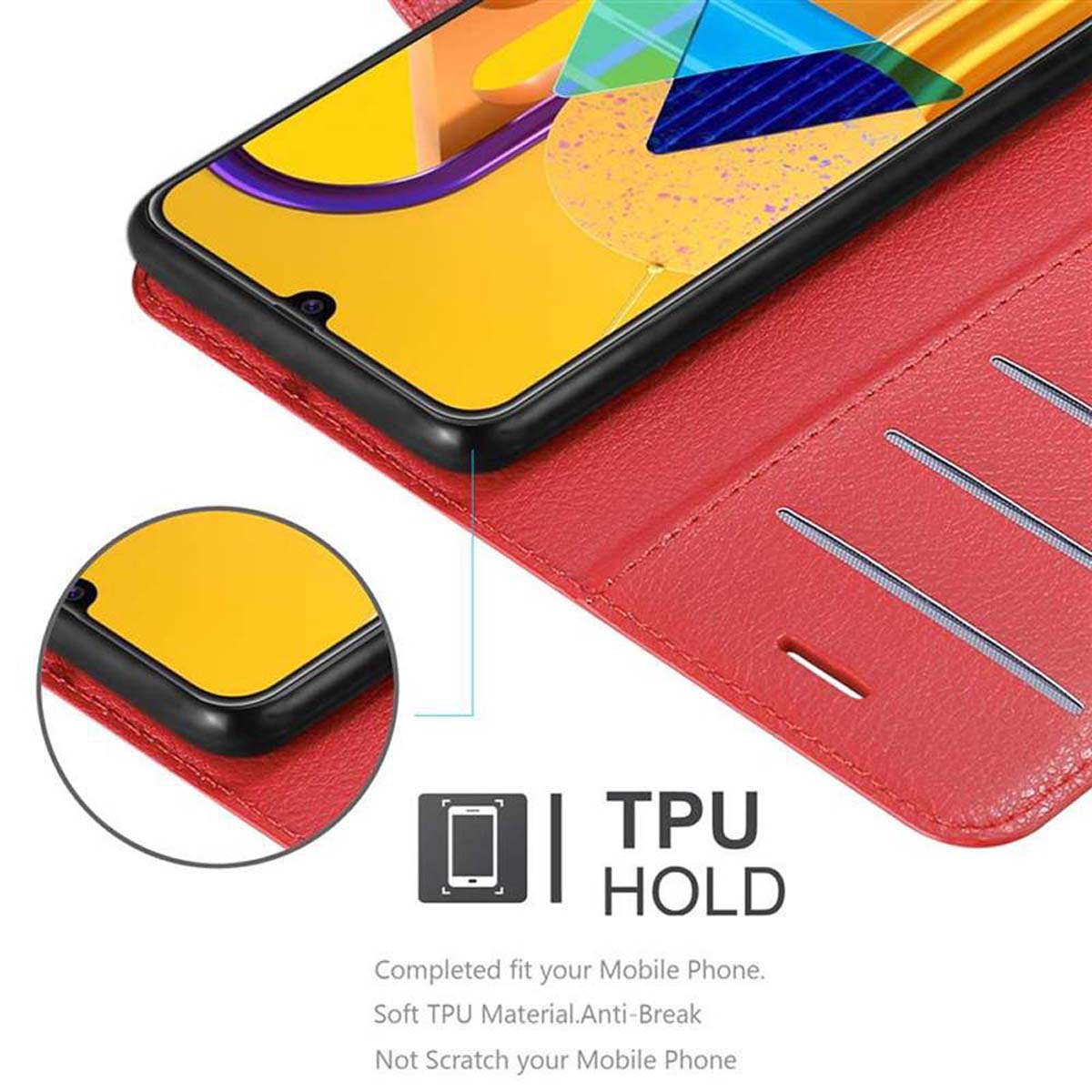 Custodia per telefono rossa aperta, che mostra l'interno. Il testo dice TPU hold, con diagrammi. Un telefono è visibile.